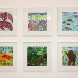 Clockwise from top left: 'Whales in Silver Water' by Tanya Stienheisen 'Cove of Hidden Diamonds' by Ashley Haagensen 'A Pod of Whales Swimming' by Rachel Buchanan 'Starfish by the Seashore' by Deanne McKinney ' Authorized grizzlies only: oil keep out!' by Ashley Haagensen 'The Vanishing Grizzly Bear' by Philip Davis