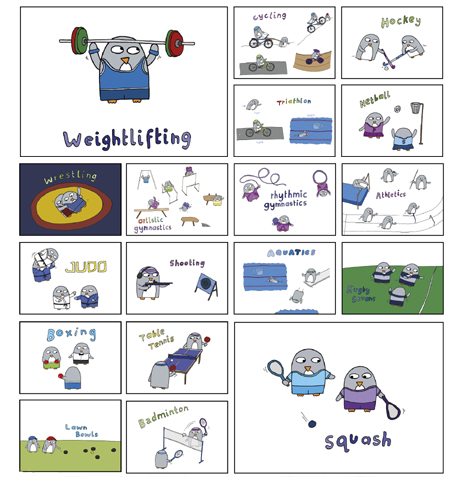 Commonwealth Games penguins postcards by Ruth Mutch