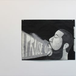 Left: 'Many Moons (Paintball)' 2016 by Jim Lambie Right: 'All Praises Due to Yahweh' 2011