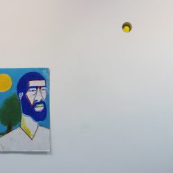 Left: 'Untitled' (N.D.) Top: 'Many Moons (Paintball)' 2016 by Jim Lambie