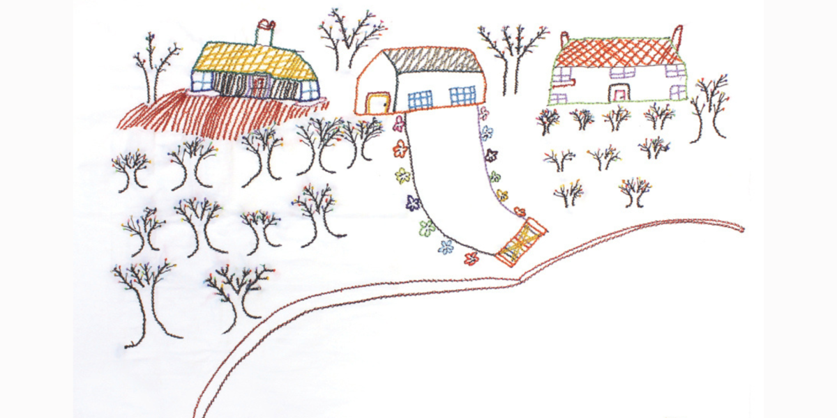 James Gladwell colourful embroidery of 3 houses
