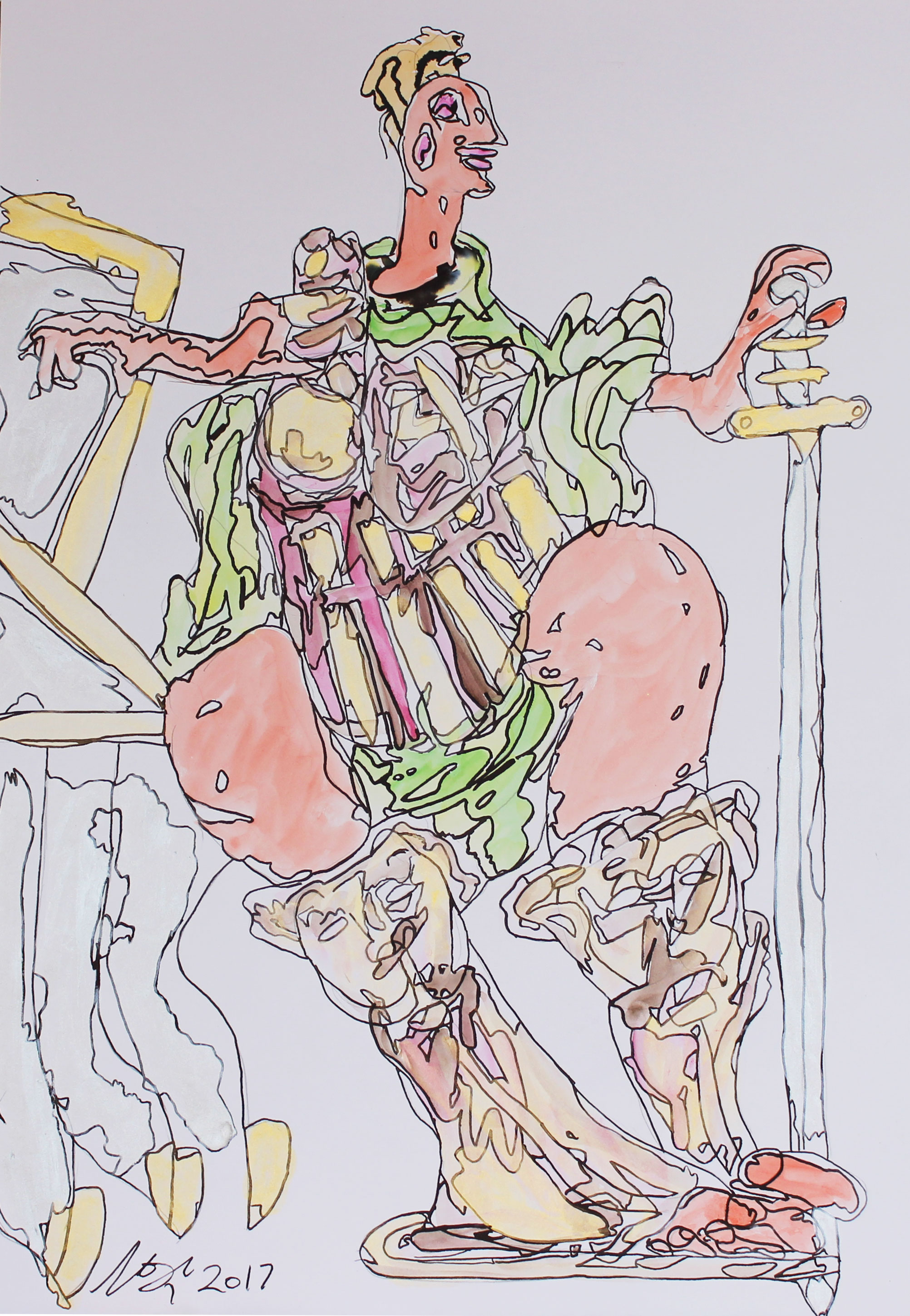 watercolour and ink painting of a sun and flowers by Cameron Morgan