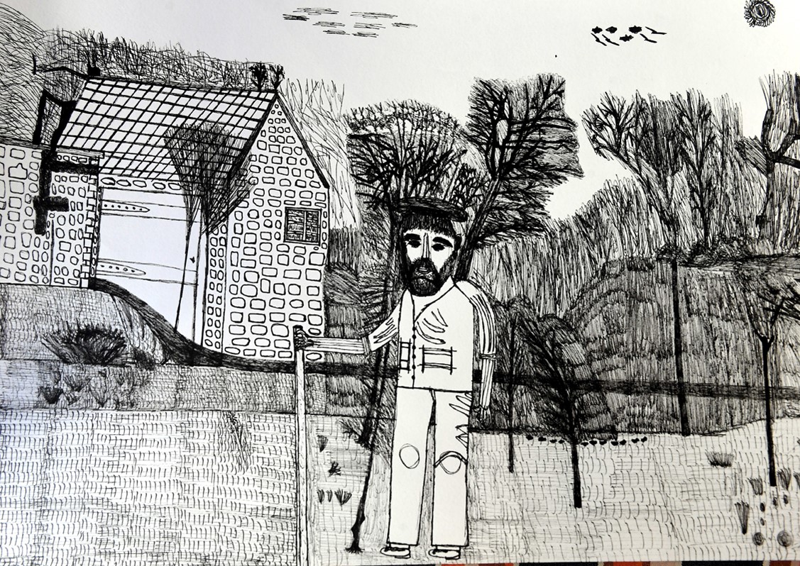 Monochrome drawing of a man with hiking poles, with trees and cottages in the background, by Robin Wise