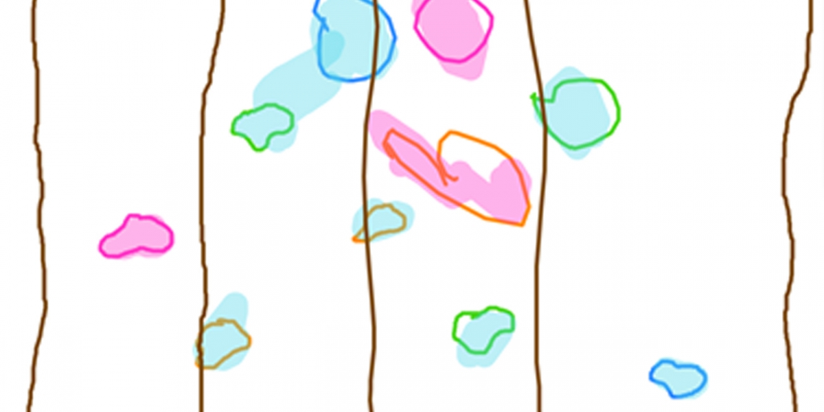 A climbing wall with blue, pink and green holds.
