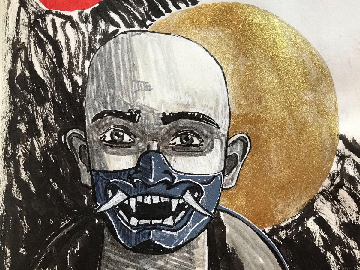 A self portrait of a man wearing a face mask with sharp monster teeth