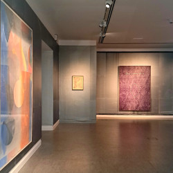 a view of two of the gallery walls. to the left is a large print that takes up the full length of the wall. It is soft colours of blue and red with soft layered overlapping shapes. There is a small artwork hanging on the back wall and to the back left a large wooden artwork with 'being a human being' written in white.