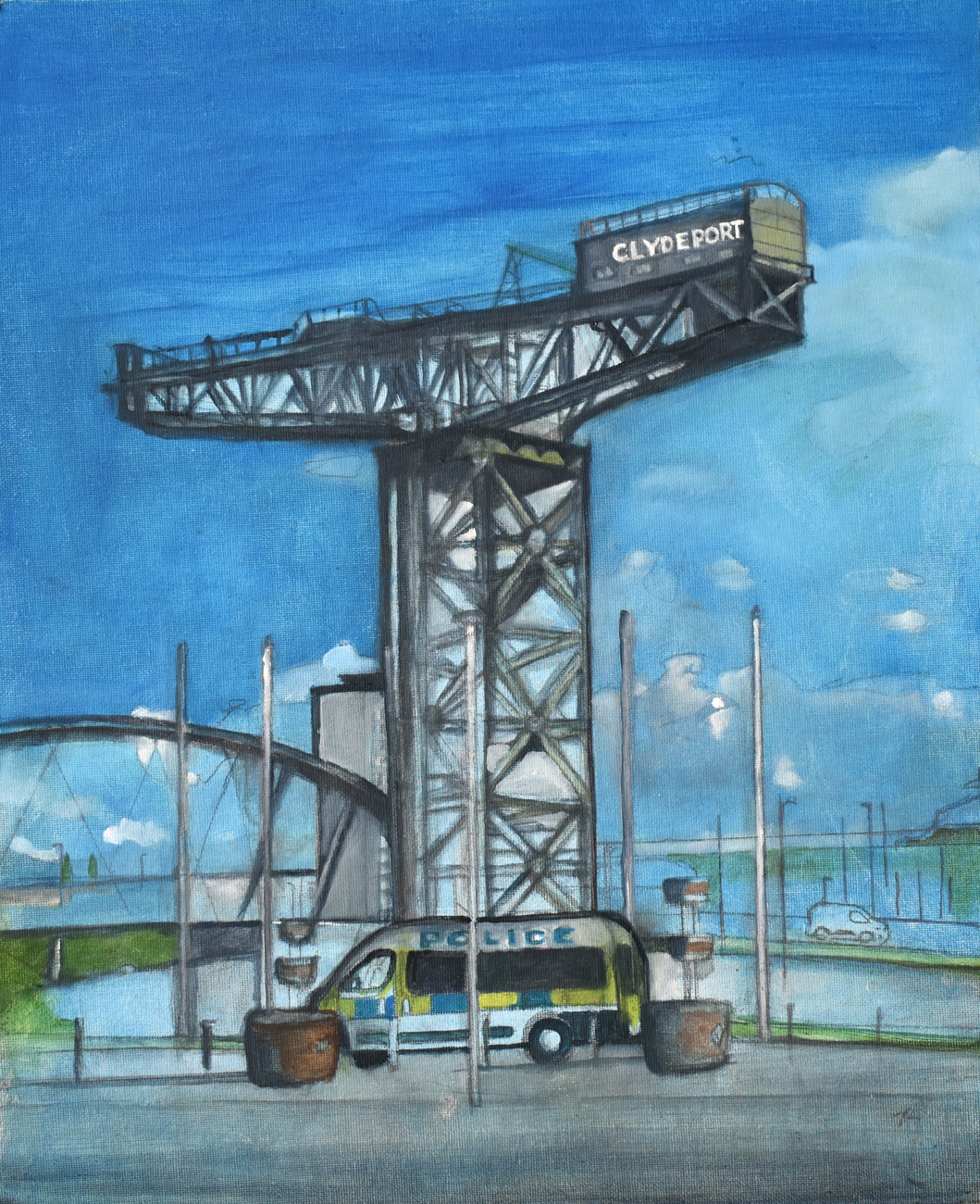 This detailed oil painting depicts a view of the finneston crane with a bridge, the river and details of planters, poles and a police van in the foreground.