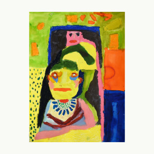 Girl in front of carved chair, after Kirchner