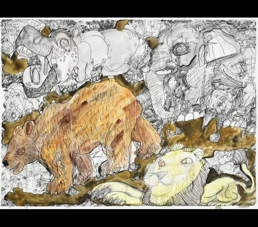 Leslie Thompson - 'King of the Jungle' 2019 Painted illustration on unstretched canvas 468x630mm - Glasgow International 2021