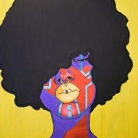 A vivid painting of futuristic woman on a bright yellow background. A futuristic face painted in red, purple and light blue lines peers out from a graphic black afro of hair. She has a diamond shaped nose ring and yellow lips.
