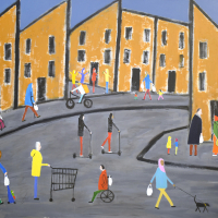 Dryly painted pointy houses with simple black doors and windows. On the grey pavements outside small people go about their day, including the young team drinking, neighbours chatting and bringing home shopping, a wee kid in a pushchair and a dog out for a walk.