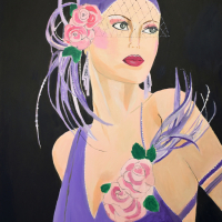 A painting of a glamourous flapper-esq woman in purple dress, hat and feathers. She is painted brightly and decked with rose corsage on a black background.