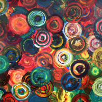 An abstract painting, rich tones in concentric rings of different coloured paint over lap creating a densely layered painting.