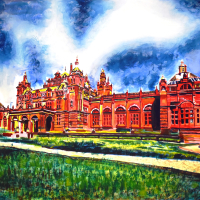 A vivid painting of the Kelvingrove art gallery, the music painted in striking reds, oranges, pinks and yellows against a turbulent sky