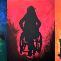 A Tryptic of three painterly silhouettes of the sitters movement in a wheelchair. The backgrounds are painted in different tones, crimson, orange and yellow and a dark purply blue and green. The painting marks suggest movement. In the last painting her arms are raised in a elegant motion, and her head is back, long hair flowing in movement.