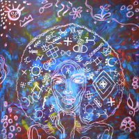 On a painterly abstract background of blues and yellows and reds a woman's head and face is outlines in white and pink. She looks directly out at the viewer, one hand a fist, resting on her chin. In her afro hair are symbols and shapes.
