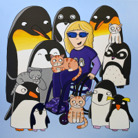 Characterful penguins of all sizes gather round a person in a purple outfit and glazes. She is seated in a wheelchair with a wee cat on her lap and another at her feet.