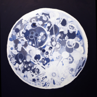 A White outlined moon on a black background. Painted circles of different sizes overlap on the surface in dark greys, blues, muddy purples and bright whites.