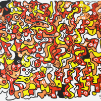 A graphic painting of black outline squiggley shapes which interconnect together. They are painted in white, red, yellow, peach and black and have lines and circles inside and between them.