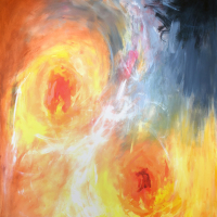 A Turner-esq painting, hazy brushmarks show what look like two areas of bright light, and a stormy overcast darkness in the right top hand corner.