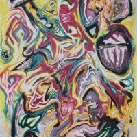 Many shapes and colours, many thin and jagged, dance around this abstract painting in yellows, reds, greens, teals and blacks.