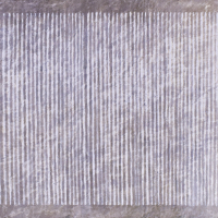 A long rectangular painting. Even chalky white lines are painted close together on a painterly background of muted grey and white, leaving a small border around the edge.