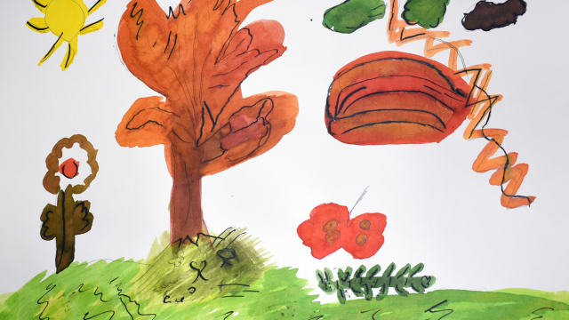 a landscape in pen and felt tip. There are trees, flowers, a sun, a green creature with lots of legs and orange and green shapes in the sky.
