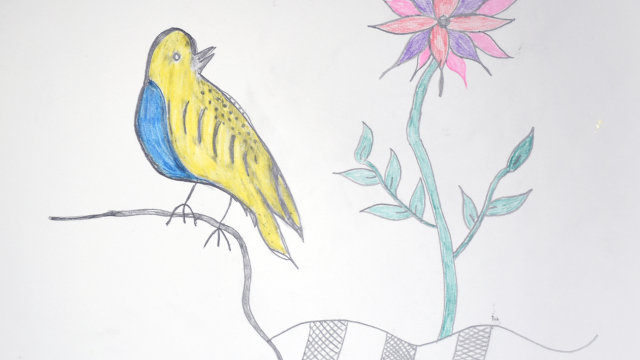 In this drawing a small yellow and blue bird looks back at a striking red, purple and pink flower.