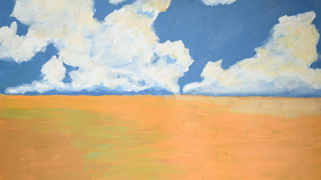 A painting of a distant horizon. On the top half of the painting white clouds drift over a deep blue sky. On the bottom half a wide mass of peach, a sun warmed landscape.