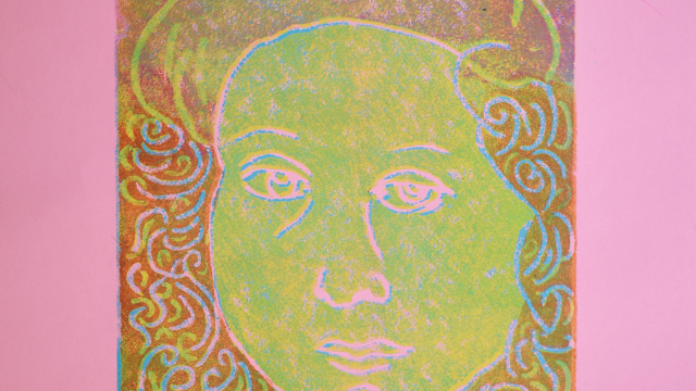 A linocut image of a persons head, they have curly hair and a hat and a muted expression. The layers of ink and paper are pink. green, yellow and blue.