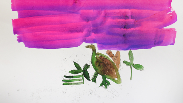a small dark green and brown watercolour bird walks past some green leaves into a neon bright pink and purple painted sky.