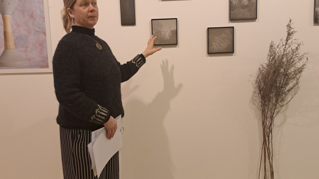 A gallery worker stands by 5 small art pieces on the wall. The worker is gesturing at the art and talking to someone behind the camera.