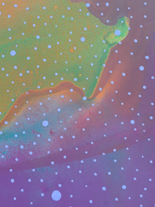 close up of an artwork. It is a blend of pinks, purples, greens and blues froming the background and has light blue spots covering it